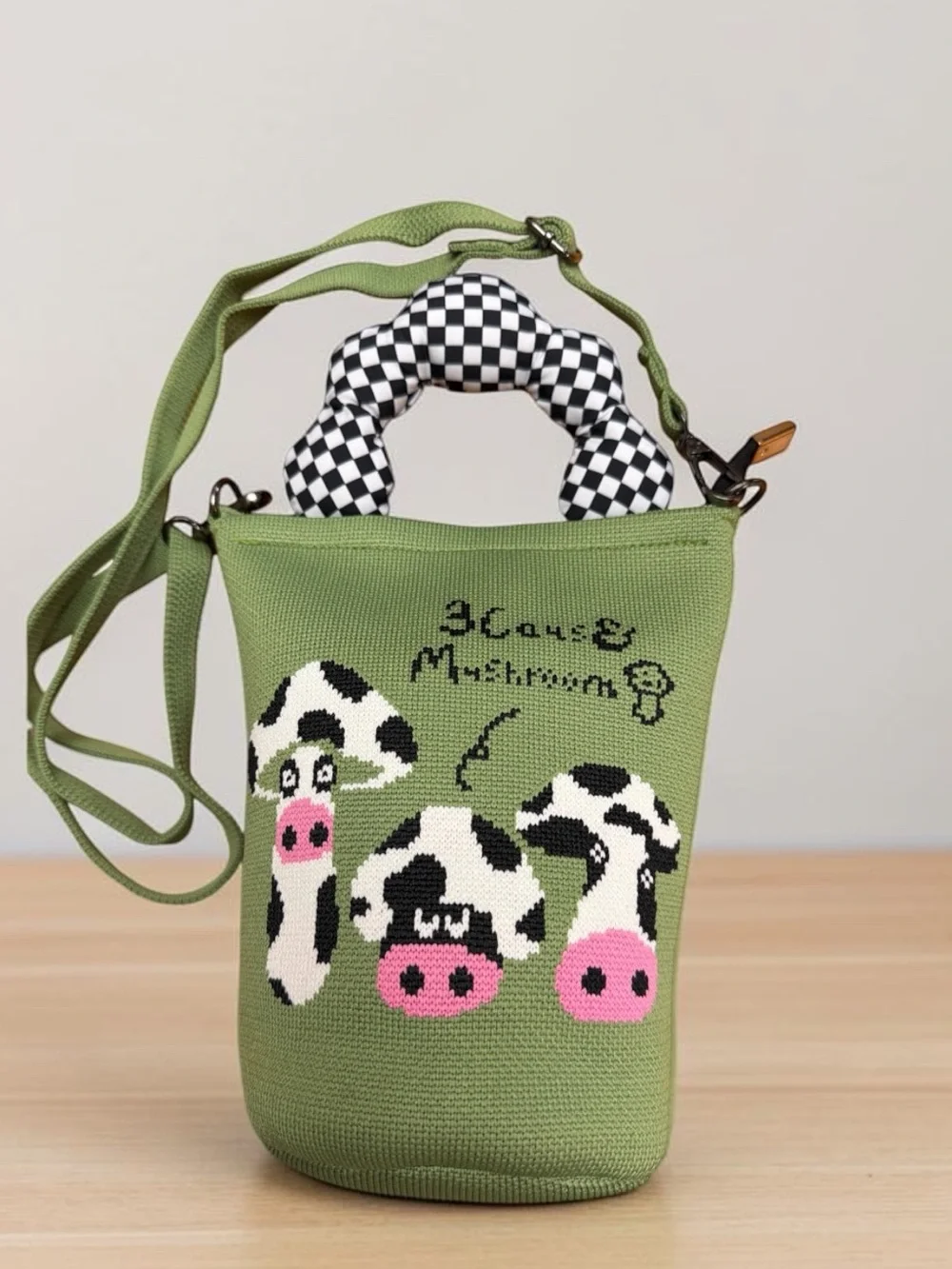 Green Cow and Mushroom Cartoon Crossbody Bucket Bag NWOT